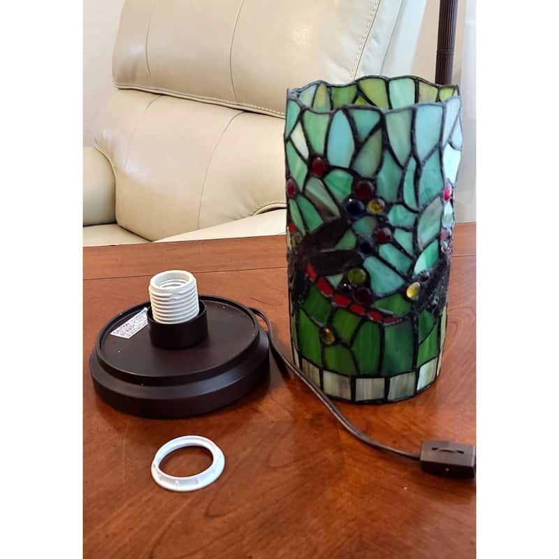 Dark Brown Resin Mini Table Lamp with Stained Glass Dragonfly Shade - 6” x 6” x 10.5” (D x W x H)