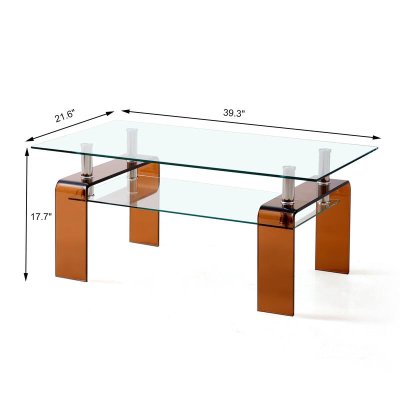 Modern Rectangular Clear Glass Coffee Table with 2-Tier Storage‌