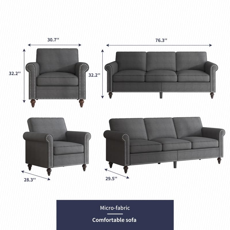 Mixoy 2 Piece Living Room Sofa Set with Rivet Design,Linen 3-Seater Sofa Couch,Loveseat Sofa/Single Sofa Chair