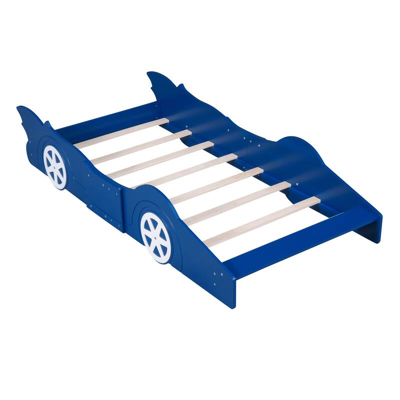 Twin Size Race Car-Shaped Platform Bed with Wheels, Blue
