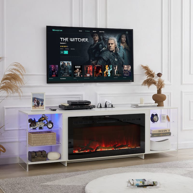 Javlergo Fireplace TV Stand with Power Outlet, Entertainment Center for 75 Inch TV Cabinet with Open Shelves - White