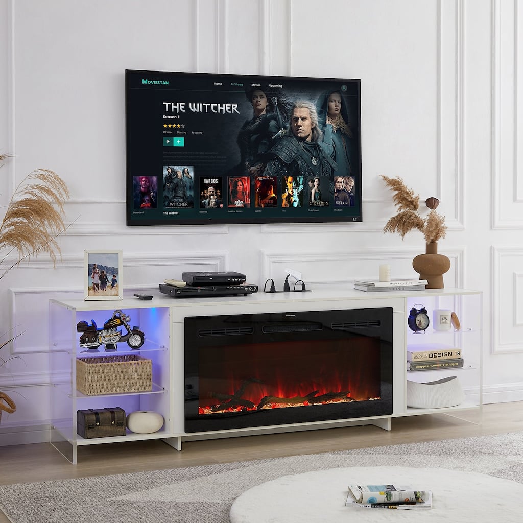 Javlergo Fireplace TV Stand with Power Outlet, Entertainment Center for 75 Inch TV Cabinet with Open Shelves