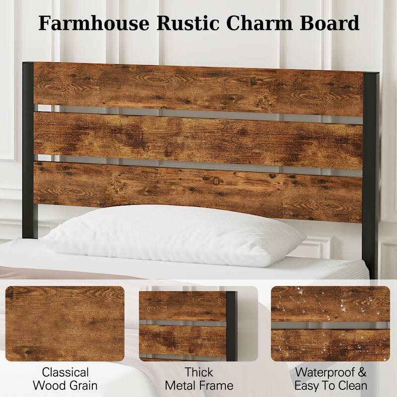 VECELO Industrial Wood Bed Frame with Headboard Twin Size Beds/Full Size Beds/Queen Size Beds