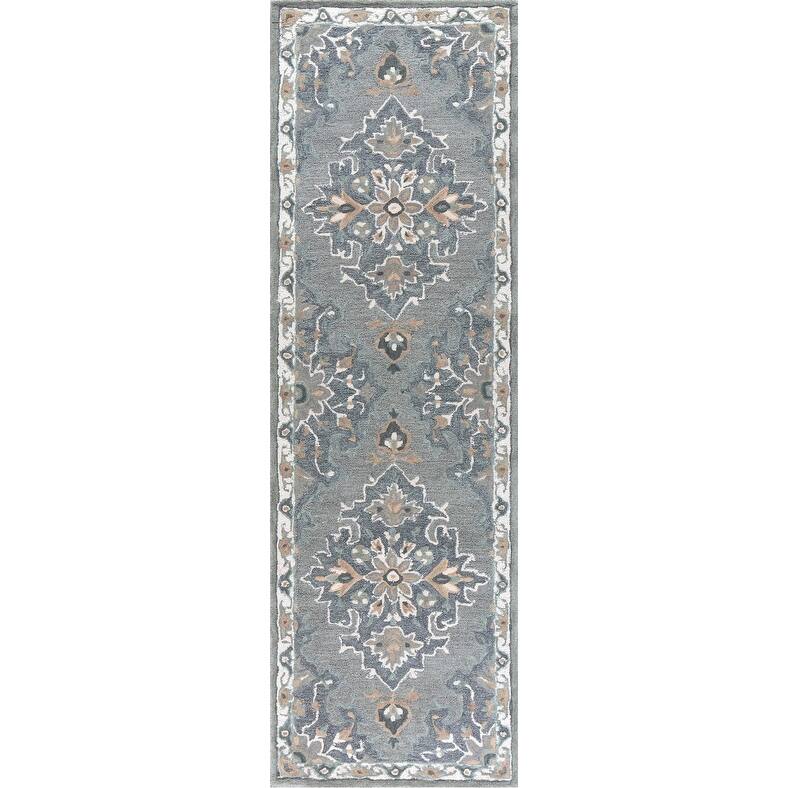 Alora Decor Cascade Floral Medallion Hand-Tufted Wool Area Rug - 8' Runner - Gray/Beige