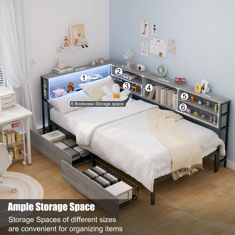 Twin Corner Daybed with Storage Drawers, Bookcase Headboard, LED Lighting & USB Charging Station