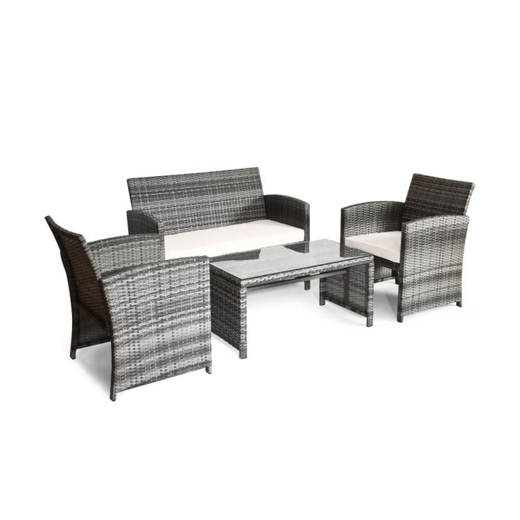 4 Pieces Patio Rattan Furniture Set with Glass Table and Loveseat - 43.5" x 25"x 31" (L x W x H)