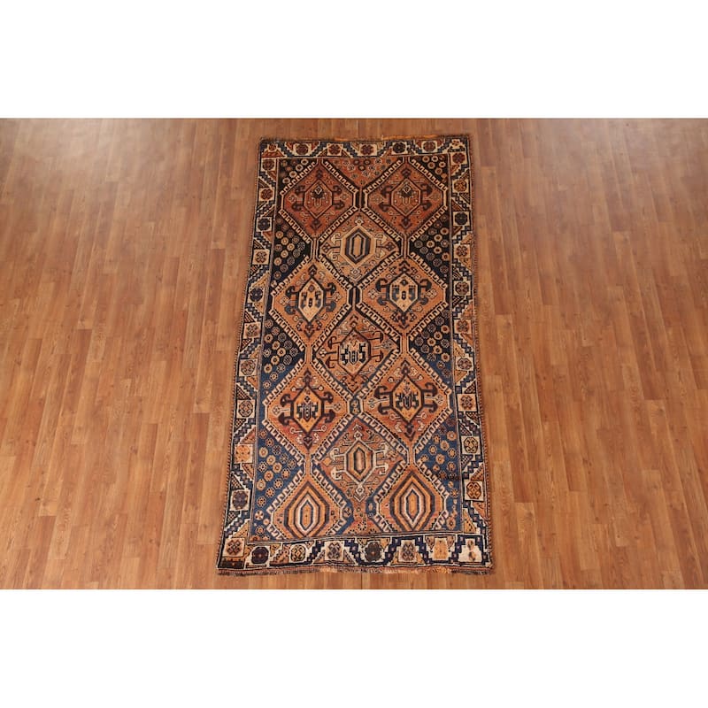Tribal Qashqai Persian Vintage Rug Hand-Knotted Orange Wool Carpet - 4'2"x 8'4"