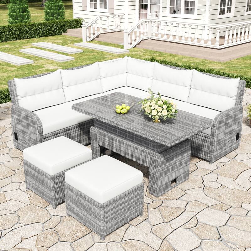 All Weather Outdoor Patio Conversation Sofa Set Rattan L Shaped Sectional Recliners Sofa with Adjustable Table and 2 Ottoman