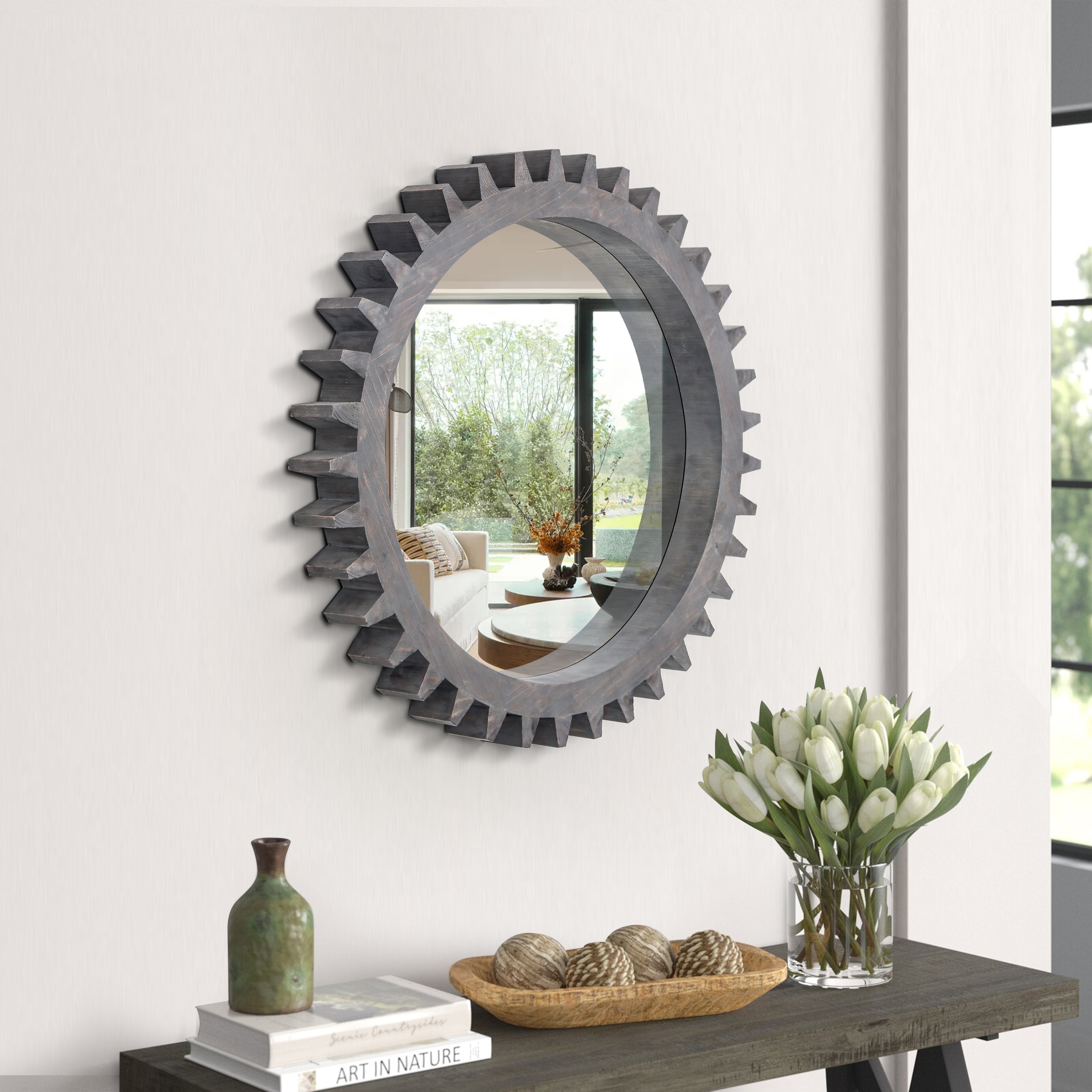 Roomfitters 17" Vintage Round Gear Wall Mirror, Industrial Wood Accent Mirror for Modular Art Wall, Antique Dark Brown