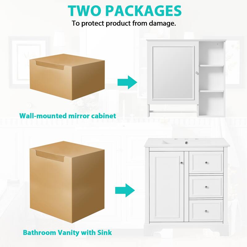 30-inch bathroom vanity with sink, bathroom storage cabinet with 3 drawers , freestanding vanity set with mirror cabinet