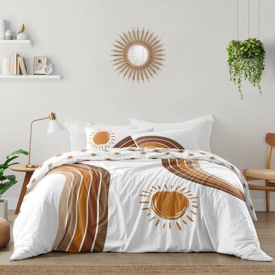 Rainbow Vintage Boho Sun Boy Girl Full/Queen Comforter Set Pumpkin Orange Brown White Bohemian Sun Gender Neutral Retro Arches