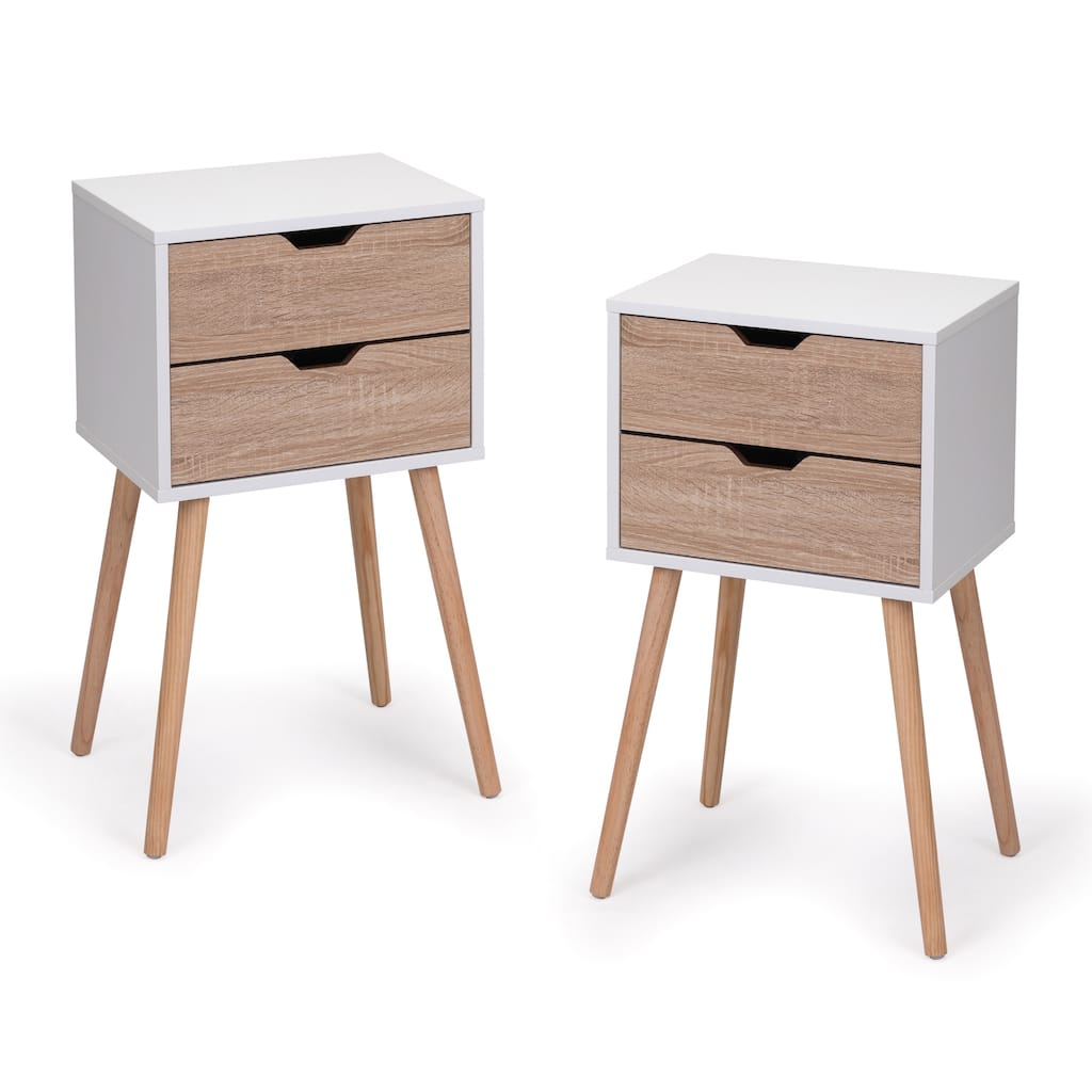 Modern Nightstand with 2 Drawers, Solid Wood Legs, White Walnut Finish, 2pcs