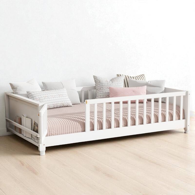 Twin Size Floor Platform Bed with Guardrails, Revolving Door and Built-in Book Rack