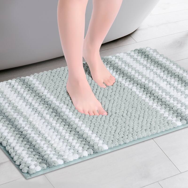 Striped Bathroom Rugs, Extra Soft and Absorbent Fluffy Chenille Bath Mat Rug, Non Slip Bathroom Floor Mat - Green Blue