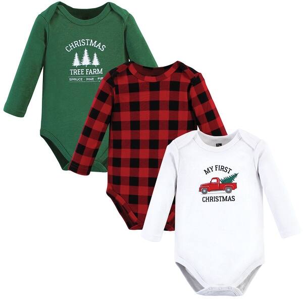 slide 1 of 1, Hudson Baby Cotton Long-Sleeve Bodysuits, Christmas Tree 3-Pack 0-3 Months - Christmas Tree 3-Pack