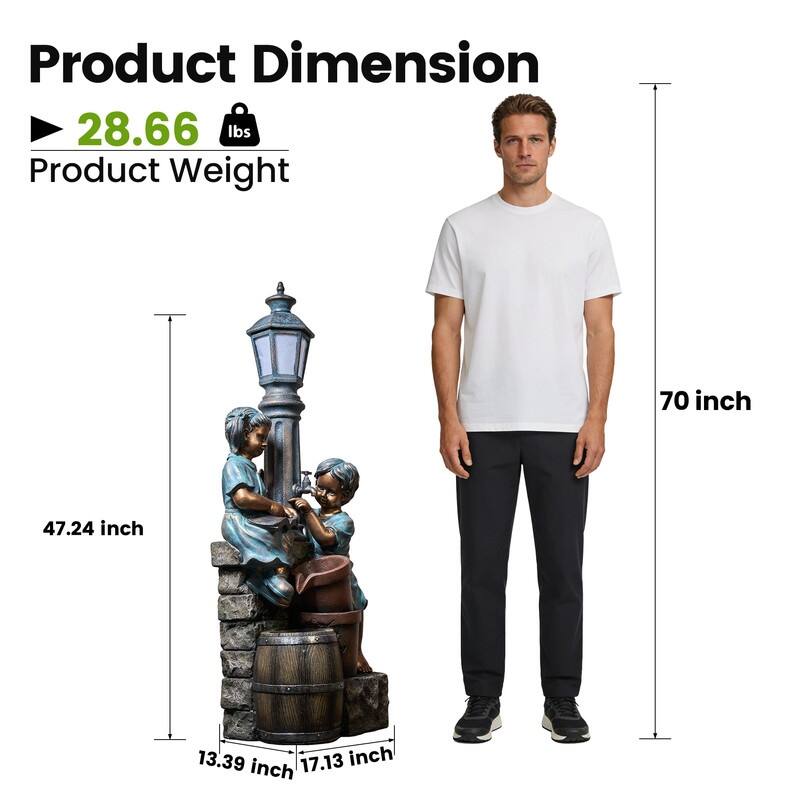 Vbal 3-Tier Outdoor Fountain with Kid and Owl Figures with LED Lights Weather Resistant for Outdoor Decor