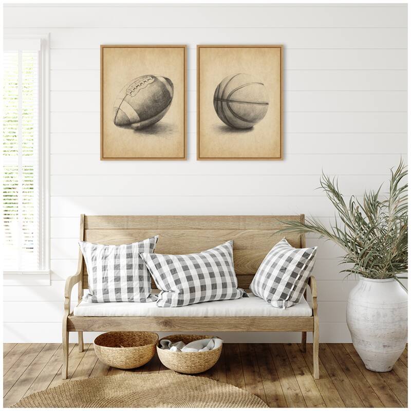 Kate and Laurel Vintage Football & Basketball 2 Piece Framed Canvas Wall Art Set by The Creative Bunch Studio