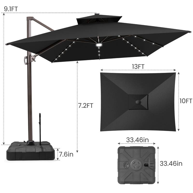 13 x 10 FT Double Top Solar powered LED Patio Cantilever Umbrella Aluminum with Base
