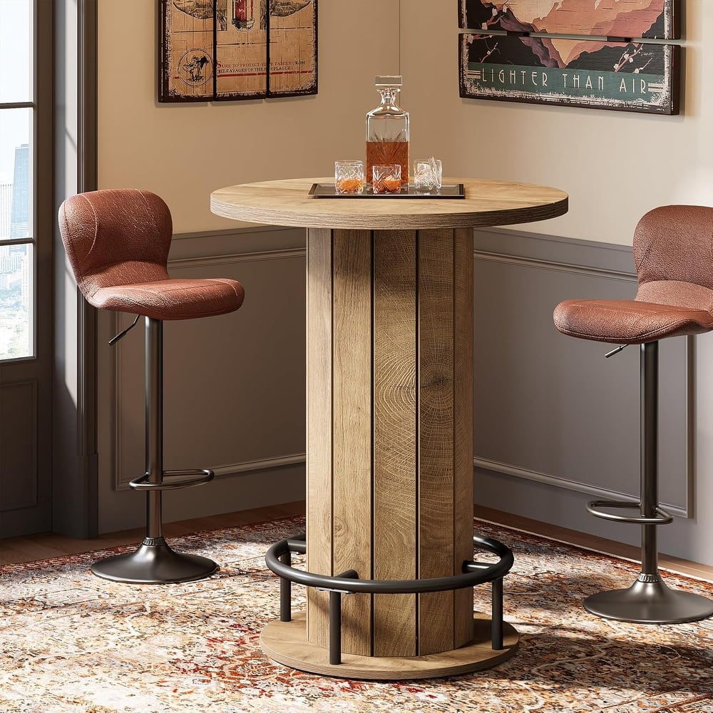 39.4 Inches Wood Round Bar Table, Bistro Pub Table with Metal Ring Footrest
