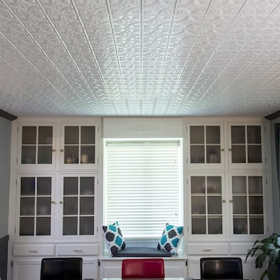 FASÄDE Traditional Style1 Decorative Vinyl 2ft x 4ft Glue Up Ceiling Panel in Gloss White (5 Pack)