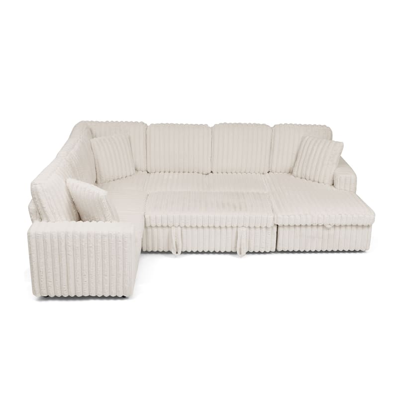 Corduroy Upholstered Reclining Sofa U-shaped Sleeper Sectional Couch with Pull Out Bed, Storage Chaise and Adjustable Backrests