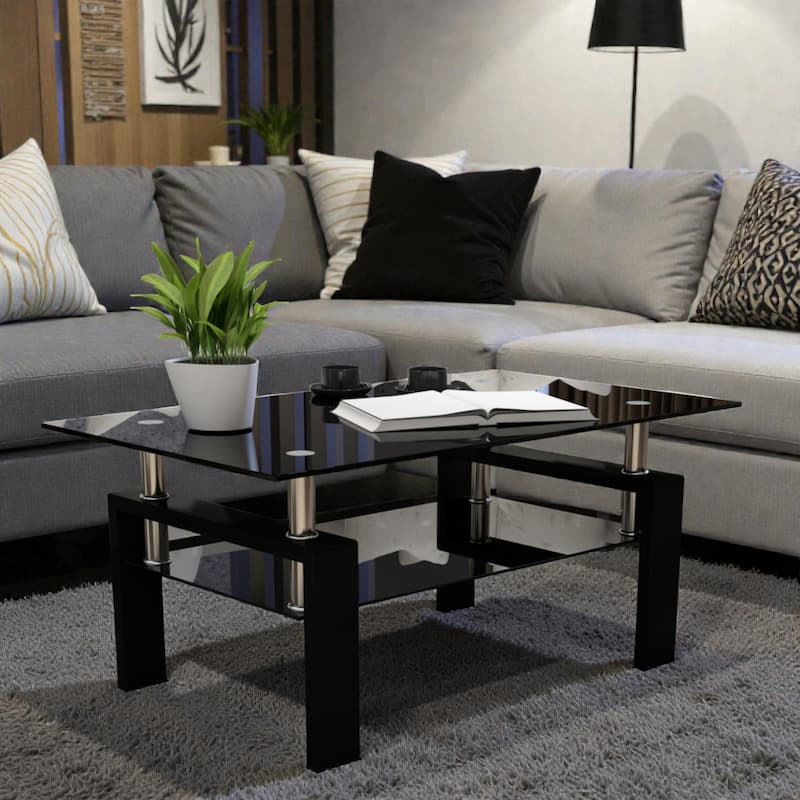 Rectangle Glass Coffee Table with Storage Shelf, Modern Clear Glass Coffee Table with Metal Frame