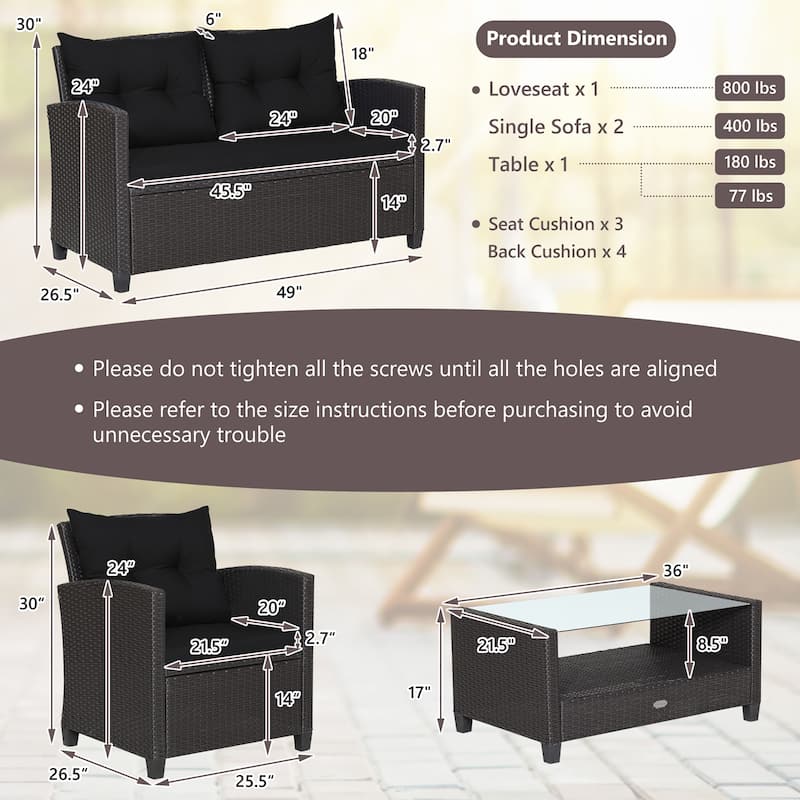 8 PCS Patio Rattan Furniture Set Glass Table Shelf Sofa Cushion