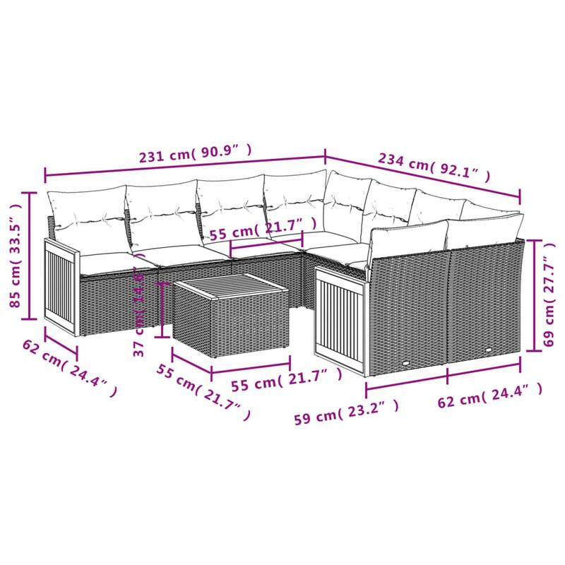 vidaXL 9 Piece Patio Sofa Set with Cushions Black Poly Rattan - 21.7x27.2x24.4