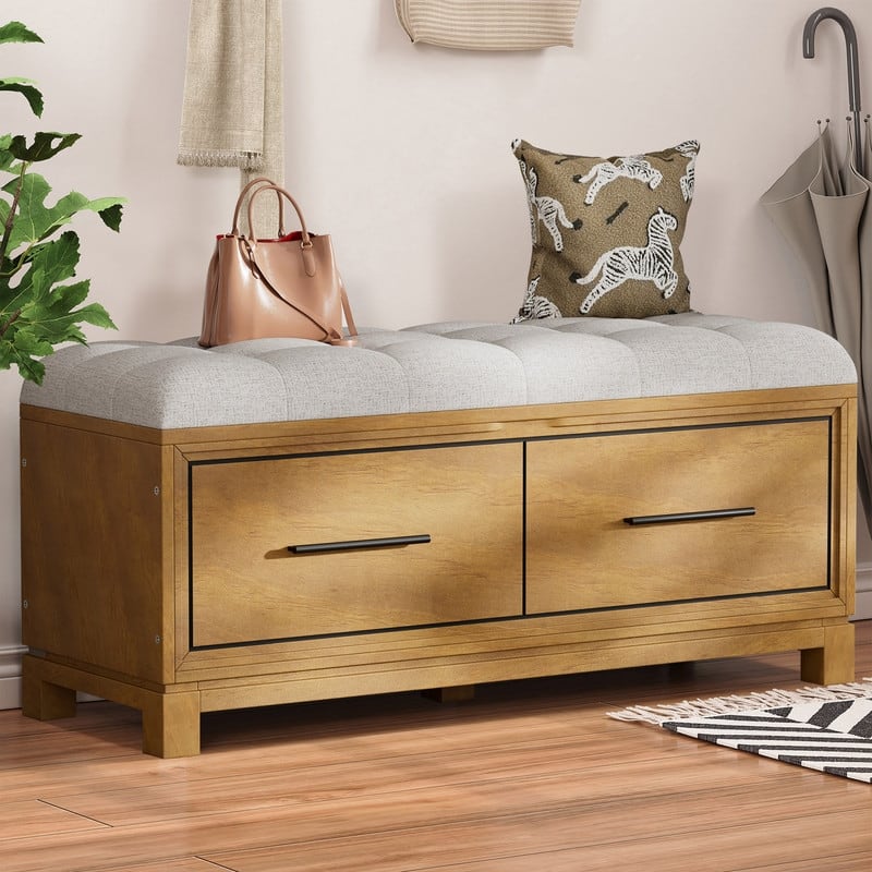 Shoe Bench with Removable Cushion and Hidden Storage for Entryway and Living Room Organization - Natural
