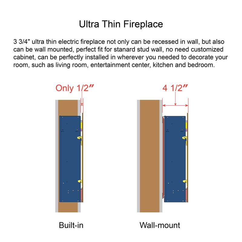 50" Recessed Wall-Mount Electric Fireplace with Remote, Multi-Color Flame & Ember Bed, 5 Brightness Settings, and LED Heater