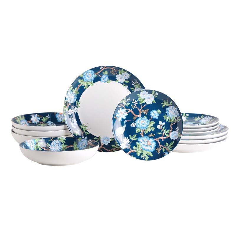 222 Fifth Nightingale 12-Piece Blue Porcelain Dinnerware Set - Service for 4, Plate & Bowl Set - Blue - 12 Piece