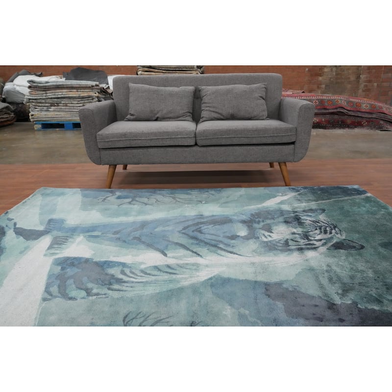 Hand Knotted Oriental Viscose Silk Carpet Modern Animal Pictorial Green Abstract Area Rug - 7' 10'' X 5' 8''
