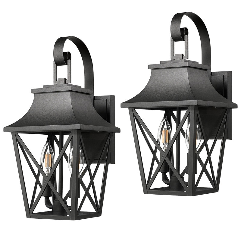 2-Pack Black Outdoor Wall Lantern, Industrial 2-Light Sconce with Glass, Waterproof Modern Porch & Exterior Lighting Fixture
