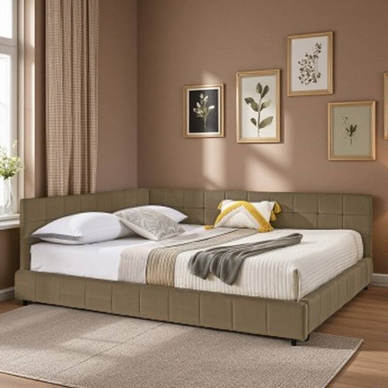 Mid-Century Velvet Queen Daybed with Tufted Backrest and Armrest, Convertible Sofa Bed Frame, Sturdy Upholstered Platform - Brown