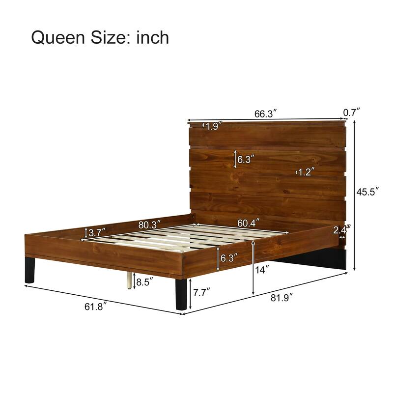 Rustic Brown Solid Wood Frame Full/Queen/King Size Panel Bed Platform Bed Frame with Six-Piece Headboard,No Box Spring Needed