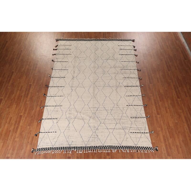 All-Over Ivory Moroccan Oriental Area Rug Handmade Wool Carpet - 8'8"x 12'11"