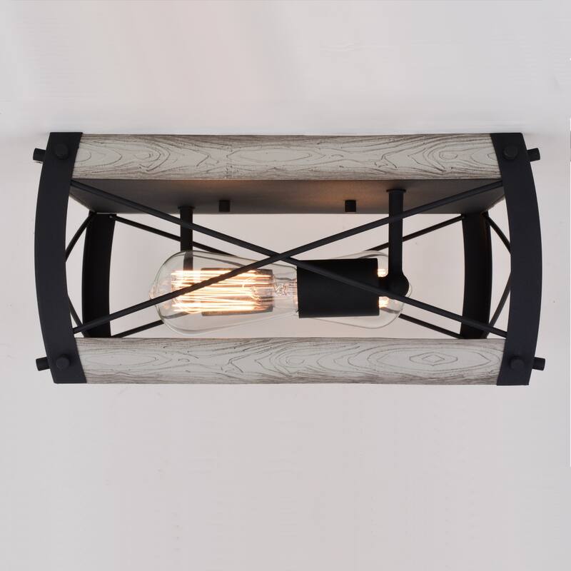 Cage Flush Mount Ceiling Light - Black & White Ash Wood Finish - Modern Farmhouse Lighting - 6.5