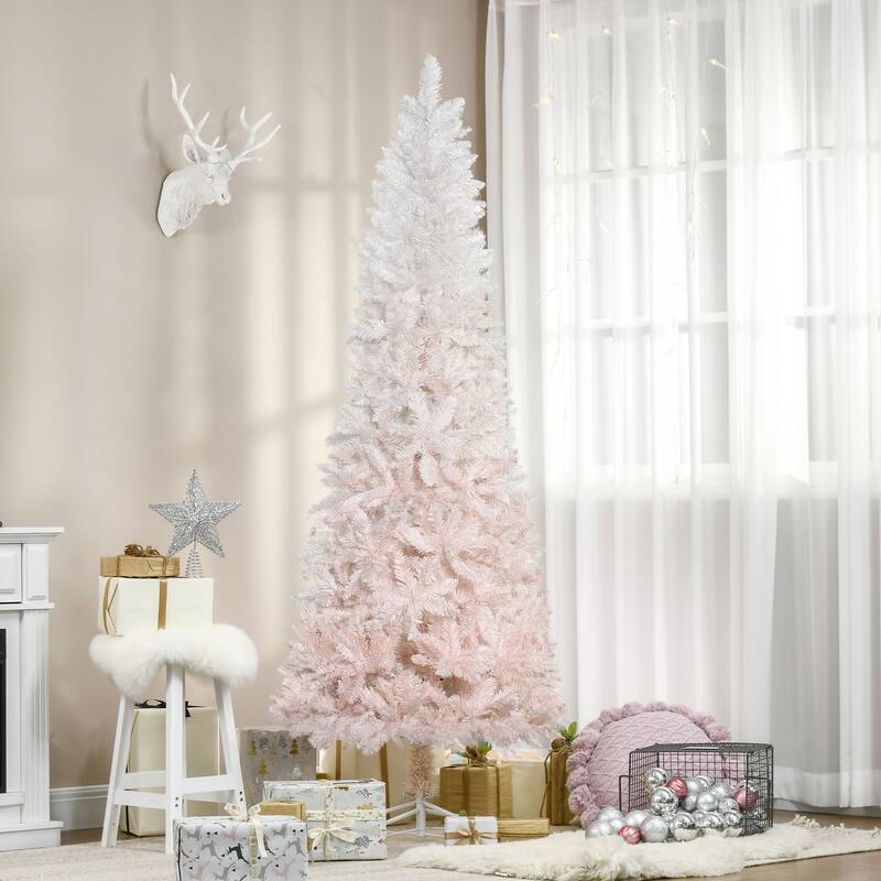 6ft Slim Pencil Christmas Tree, Pink and White Gradient, Realistic Branches & Sturdy Steel Base