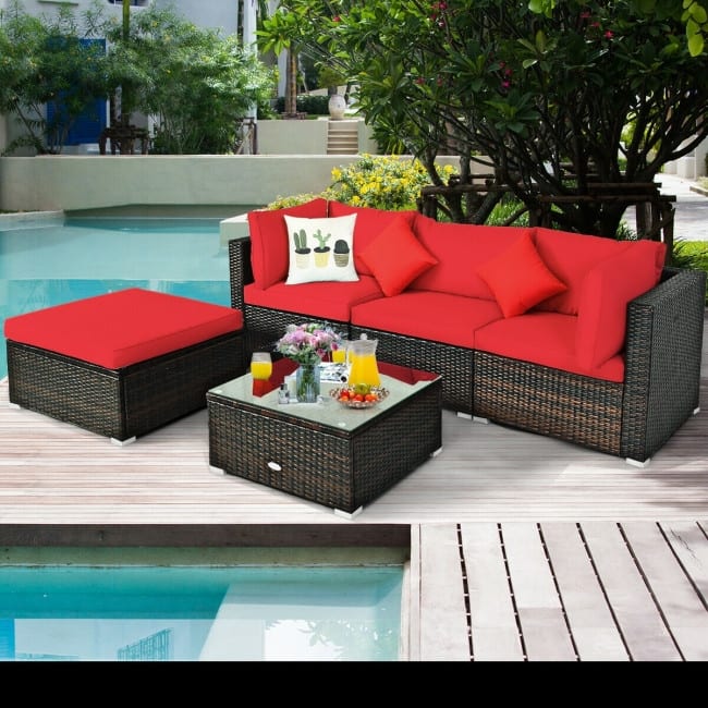 5 Pcs Outdoor Patio Rattan Furniture Set Sectional Conversation with Cushions - 29.5'' x 29.5'' x 25.5'' (L x W xH)