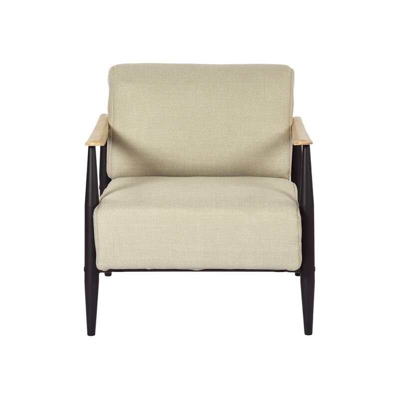 HomeRoots 28" Beige Black and Natural Upholstered Cushion and Solid Wood Arm Chair - 28.15 in. x 30.31 in. x 32.28 in.