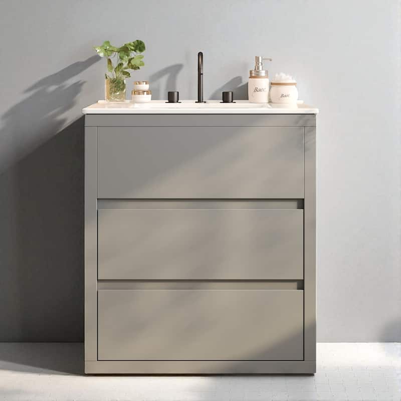 30" Freestanding Bathroom Vanity with Ceramic Sink, 2 Soft Close Drawers, Beveled Handleless Design - Grey