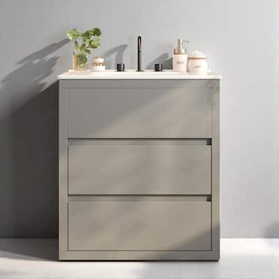 30" Freestanding Bathroom Vanity with Ceramic Sink, 2 Soft Close Drawers, Beveled Handleless Design