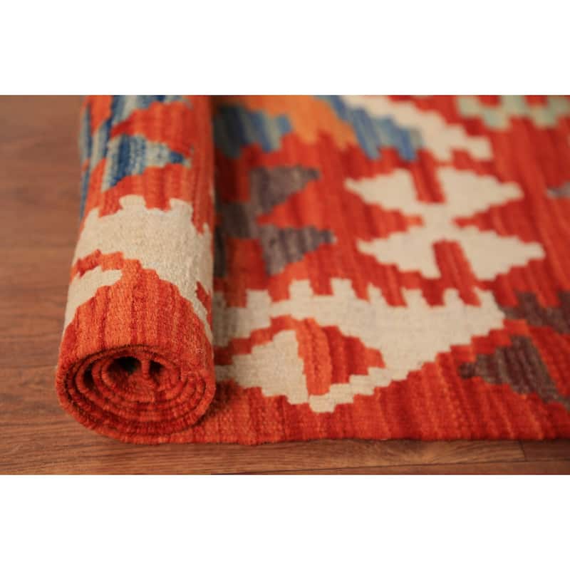 South Western Style Kilim Oriental Rug Flatweave Orange Wool Carpet - 8'3"x 9'11"