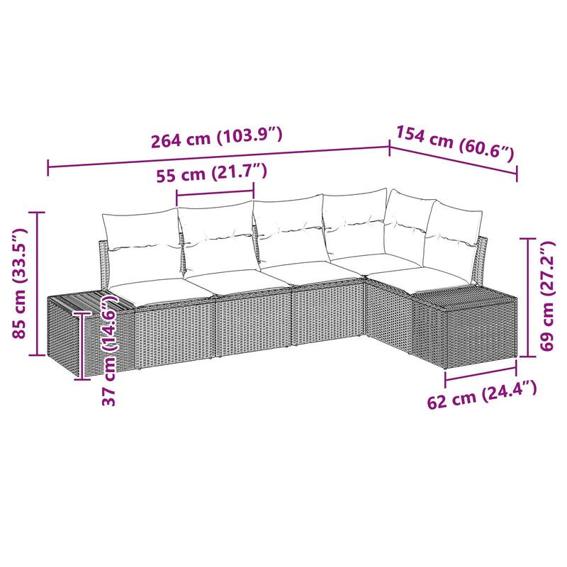 vidaXL 6 Piece Garden Sofa Set with Cushions Black Poly Rattan - 24 x 72 x 33 in