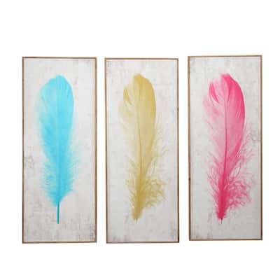 16 x 39 Inch Wall Decor Painting, Set of 3, Multicolor Feathers, Wood Frame