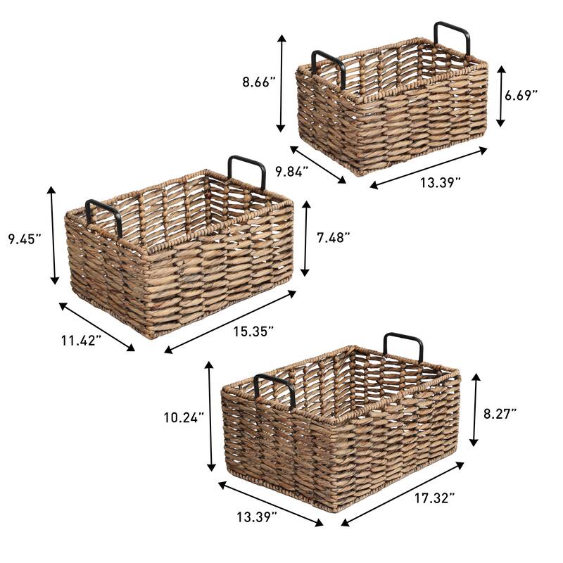 Savoy Handwoven Water Hyacinth Nesting Storage Baskets, Metal Handles (Set of 3)