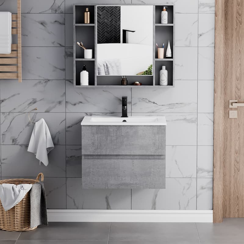 Wall Mounted Bathroom Vanity Sink Combo Cabinet Vanity Set Beveled Invisible Handles - 24 in