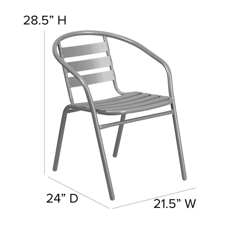 31.5" Round Glass Metal Table with 4 Metal Aluminum Slat Stack Chairs