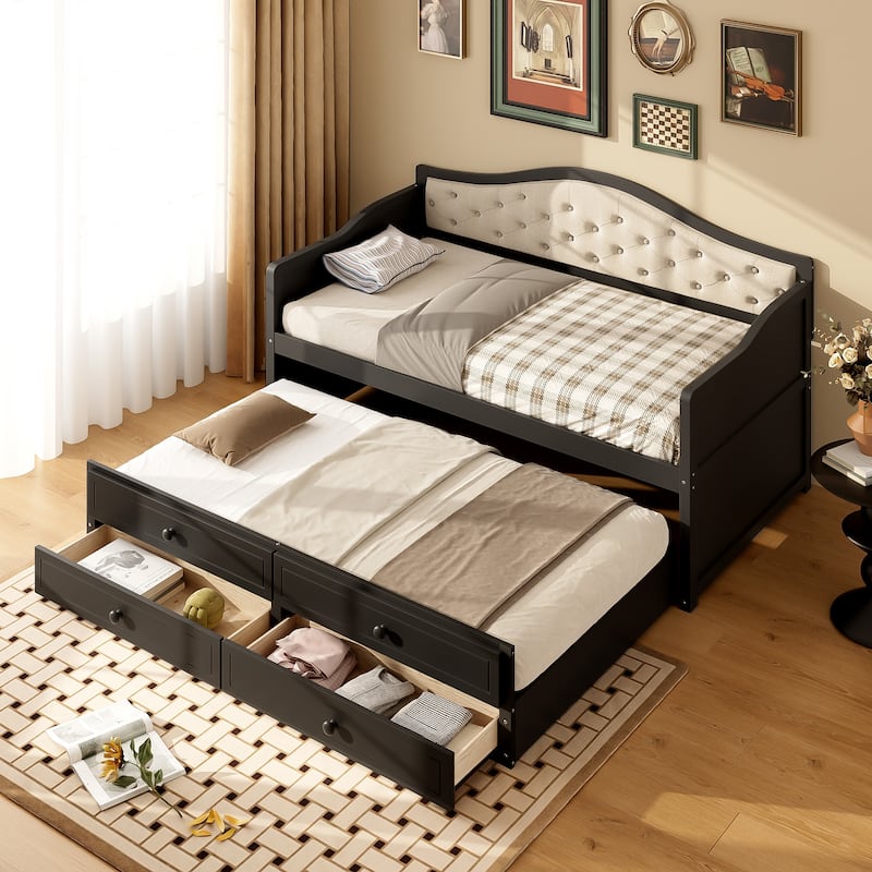 Wooden Frame Day Bed, Twin Size Daybed with Trundle Bed, Upholstered Tufted Button Backrest Sofa Bed with 2 Storage Drawers - Black - Twin