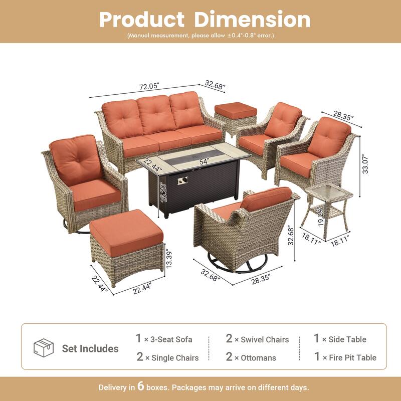 OVIOS 9 Pieces Outdoor Swivel Chairs Set with 54" Fire Table​